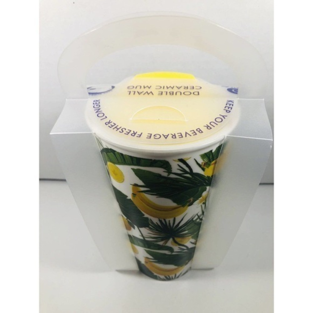 Eco One Double Wall Ceramic Mug Banana Tropical Pattern 10 Ounce NEW